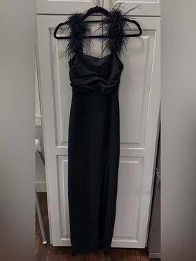 Lulus Black Feather Strap Evening Gown